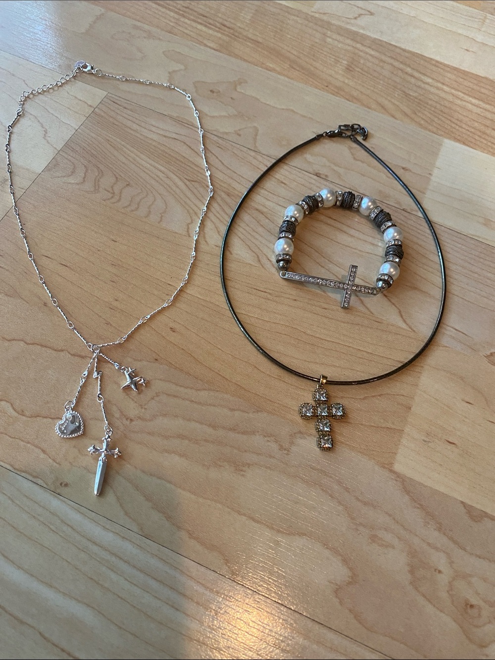 Bundle of 3 - two cross necklaces and Cross and pearl Bracelet